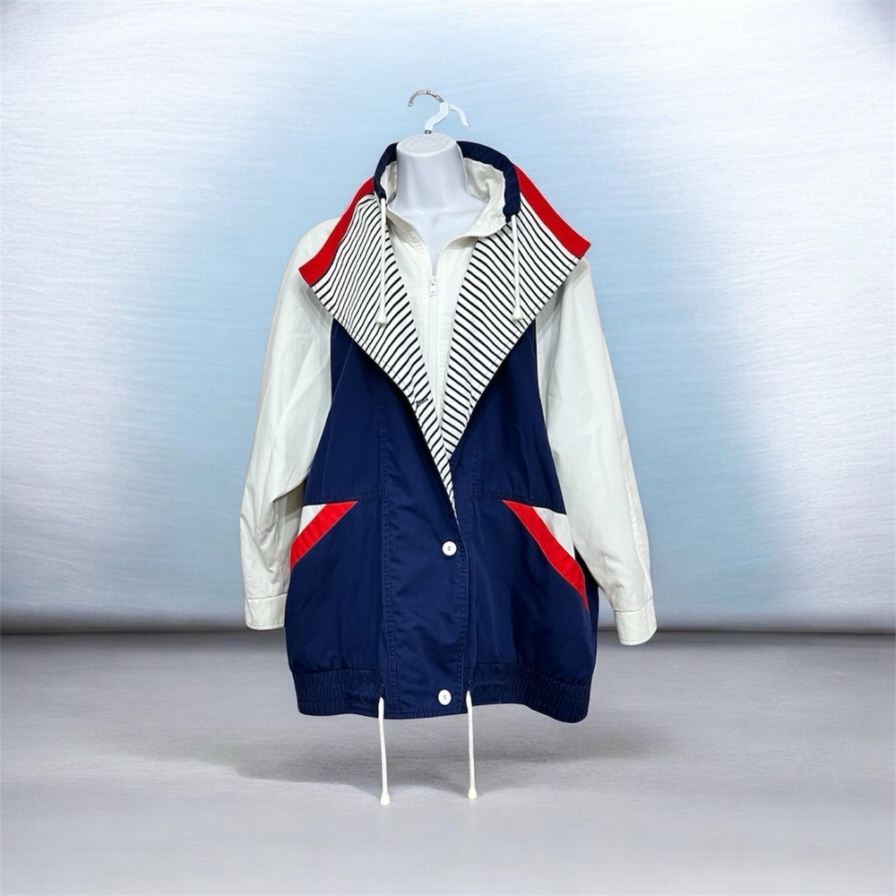 Vtg Women Nautical Colorblock Jacket Sz L Canvas Red White Blue‎ America 250